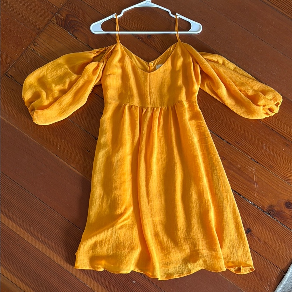 Moulinette Soeurs Yellow Smocked Puff Sleeve Midi Dress